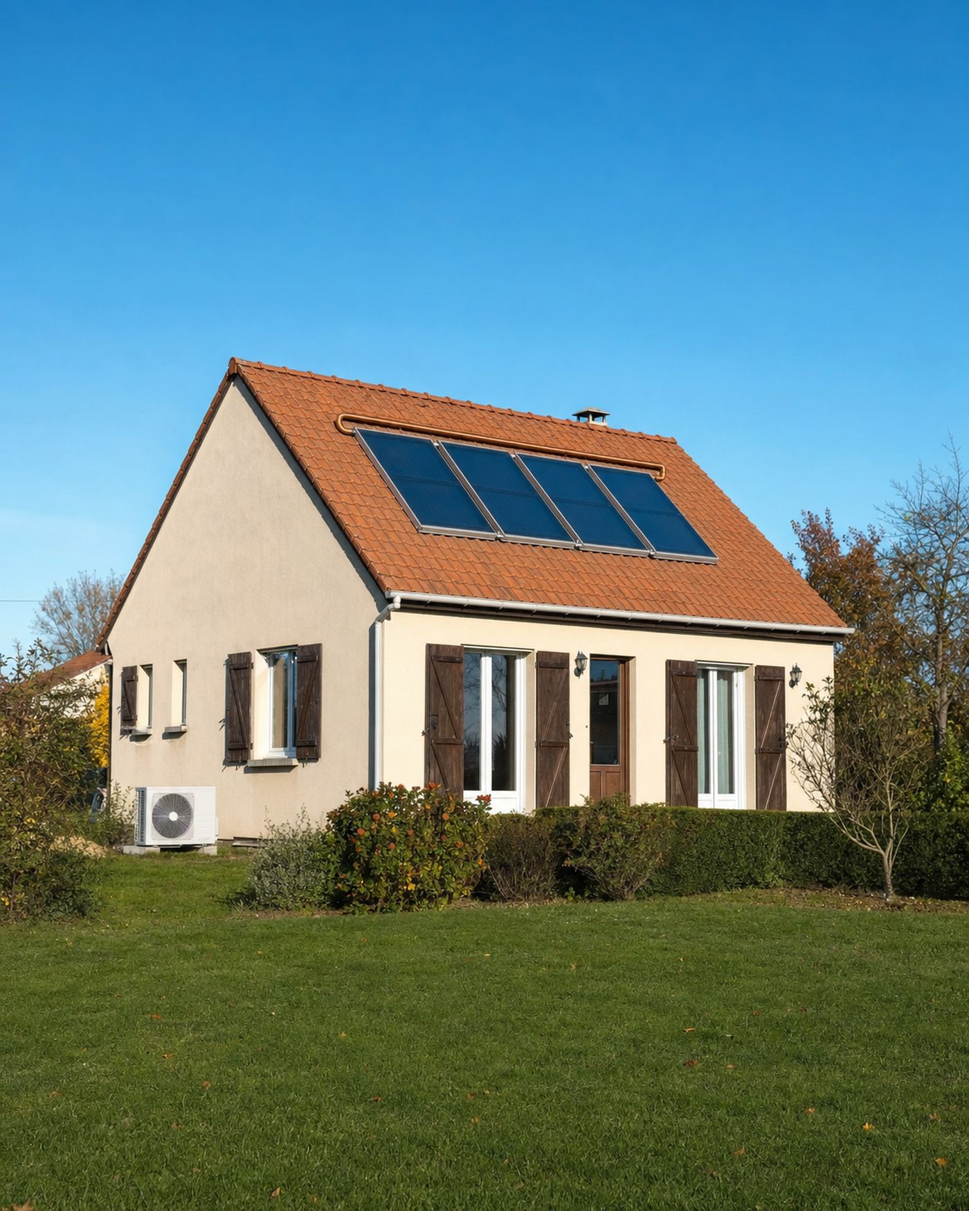 Maison individuelle avec une pompe à chaleur au pied du mur