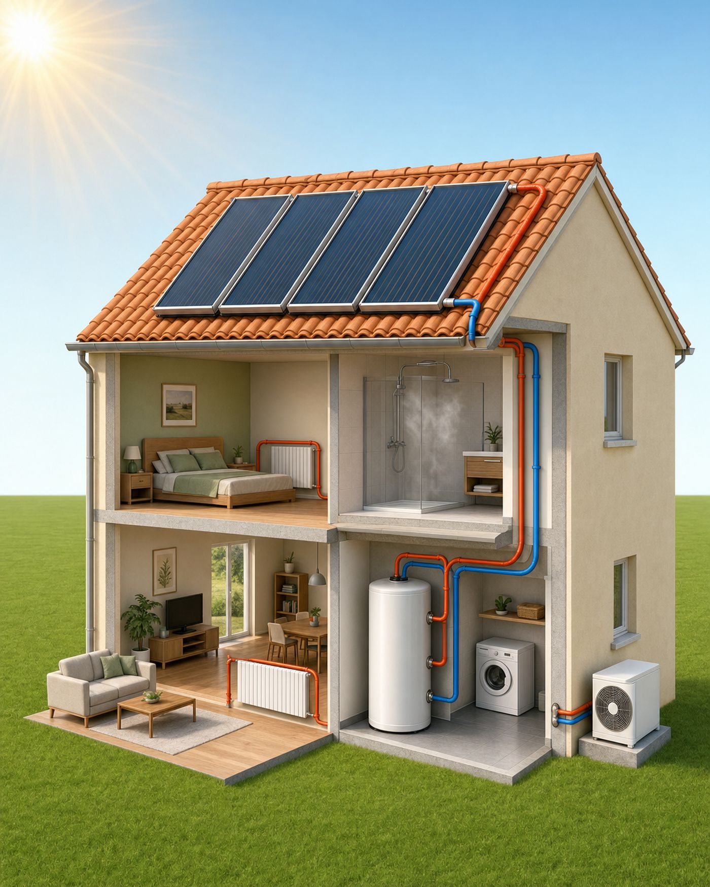 Maison en coupe : panneaux solaires sur le toit, ballon au rez-de-chaussée, radiateurs, douche et pompe à chaleur dehors