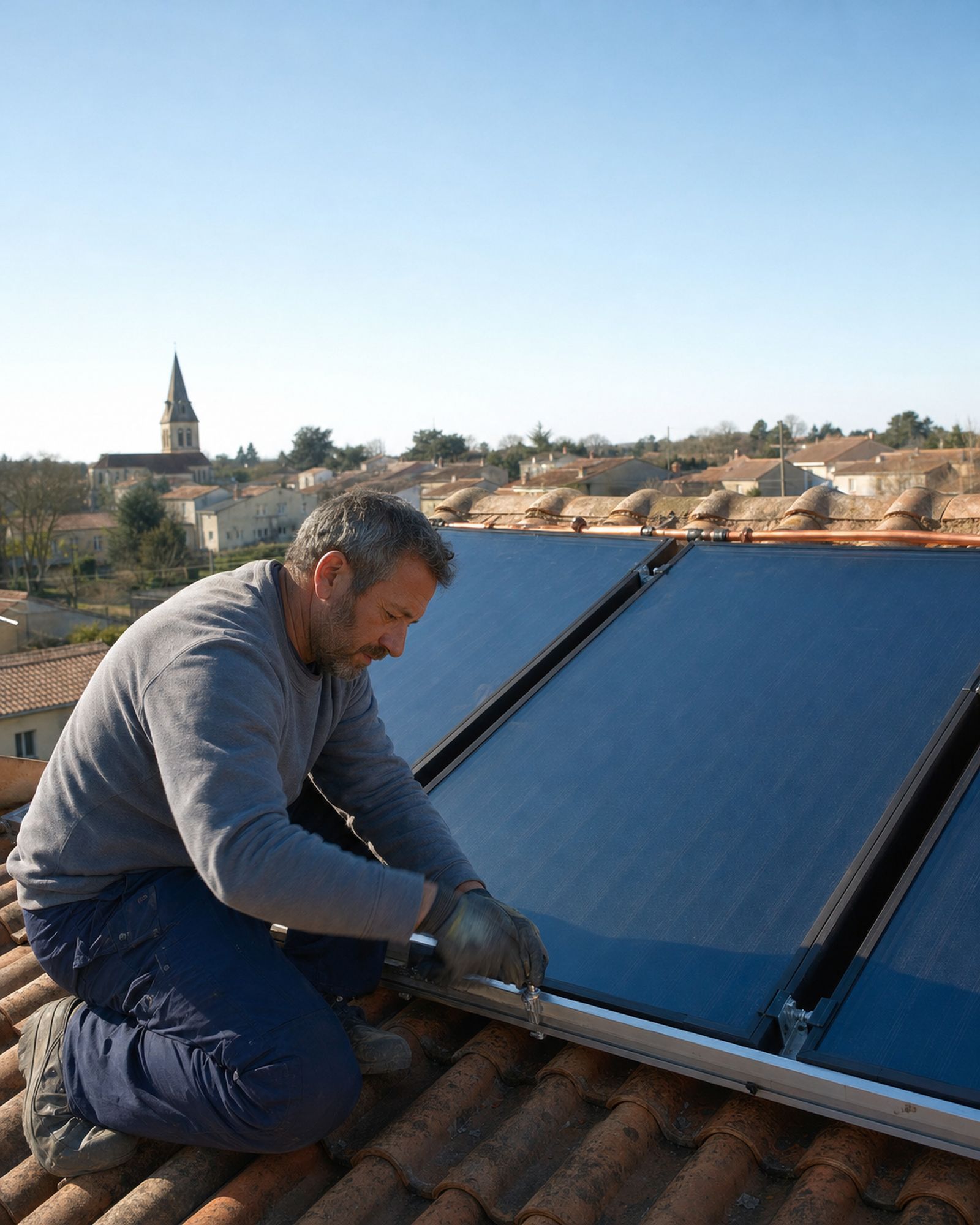 Installateur qui fixe des panneaux solaires thermiques sur un toit en tuiles